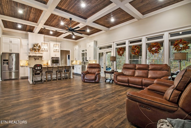 living room featuring beamed ceiling, coffered ceiling, ceiling fan, and dark hardwood / wood-style flooring