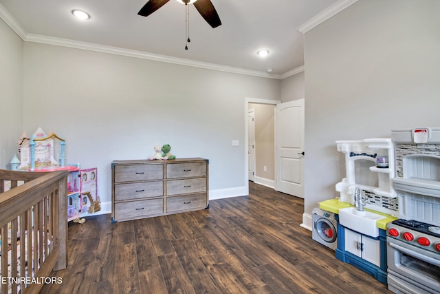 interior space featuring crown molding, dark hardwood / wood-style floors, and ceiling fan