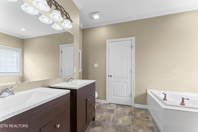 bathroom featuring ornamental molding, a relaxing tiled tub, and vanity