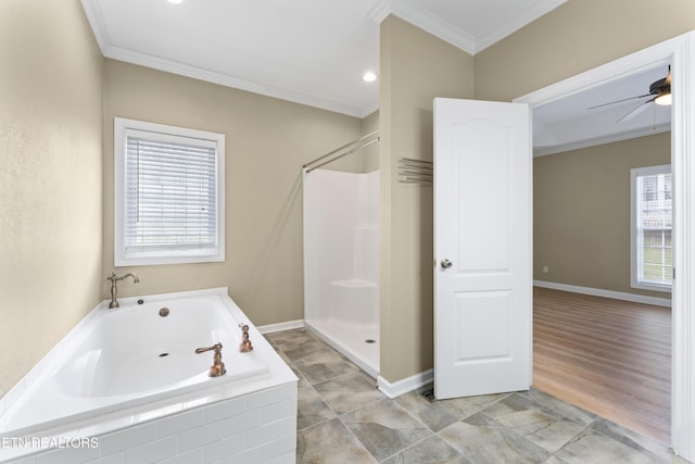 bathroom featuring ceiling fan, ornamental molding, and shower with separate bathtub