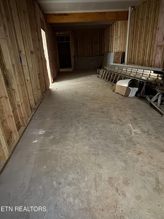 basement featuring wooden walls