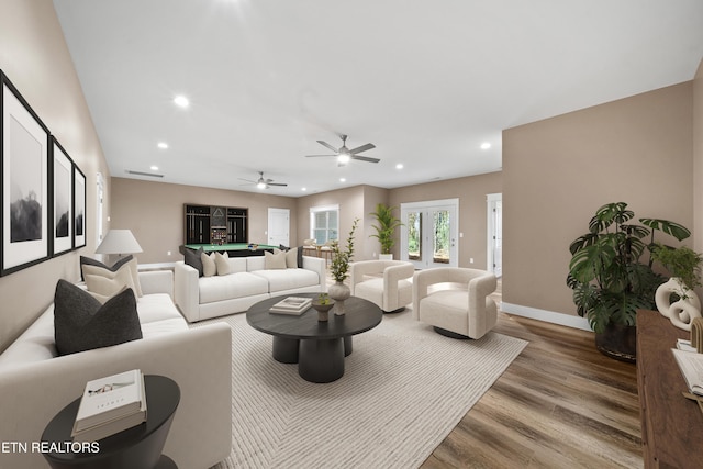 214 Cheeyo Trce, Loudon, TN 37774 - living room featuring wood finished floors, recessed lighting, billiards table, and ceiling fan