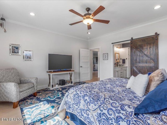 318 Buckhorn Way, Loudon, TN 37774 - bedroom with a barn door, ornamental molding, recessed lighting, baseboards, and a ceiling fan