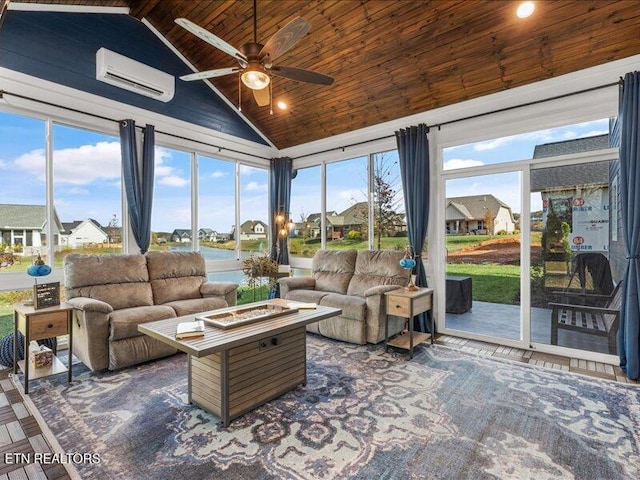 318 Buckhorn Way, Loudon, TN 37774 - sunroom featuring wooden ceiling, an AC wall unit, healthy amount of natural light, a residential view, and high vaulted ceiling