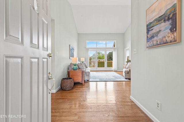 entrance foyer featuring high vaulted ceiling and light hardwood / wood-style floors