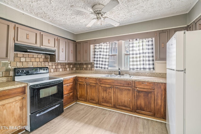 kitchen with sink, ceiling fan, electric range, white refrigerator, and light wood-type flooring