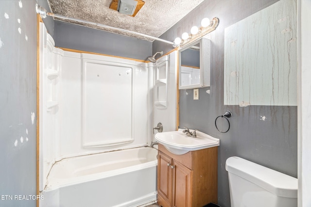 full bathroom with vanity, shower / bathtub combination, a textured ceiling, and toilet