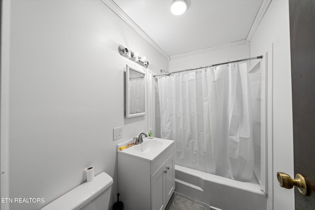 full bathroom with vanity, shower / bath combination with curtain, ornamental molding, and toilet