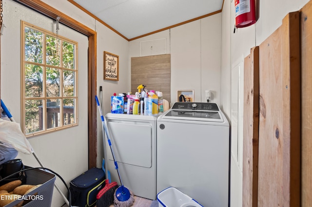 laundry area featuring crown molding and washing machine and clothes dryer