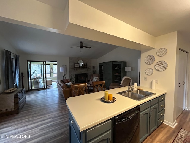 kitchen featuring black dishwasher, sink, a large fireplace, and dark hardwood / wood-style flooring