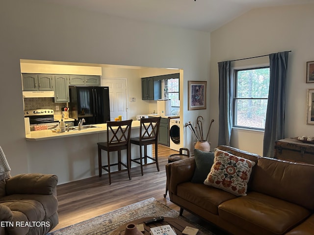 living room featuring washer / dryer, lofted ceiling, and hardwood / wood-style flooring