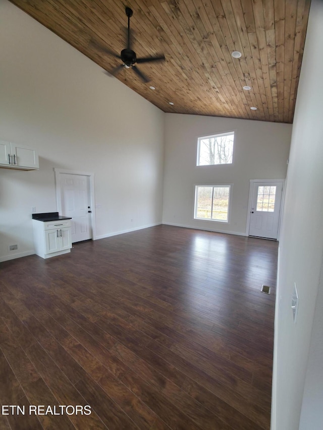 unfurnished living room featuring dark wood-type flooring, ceiling fan, high vaulted ceiling, and wooden ceiling