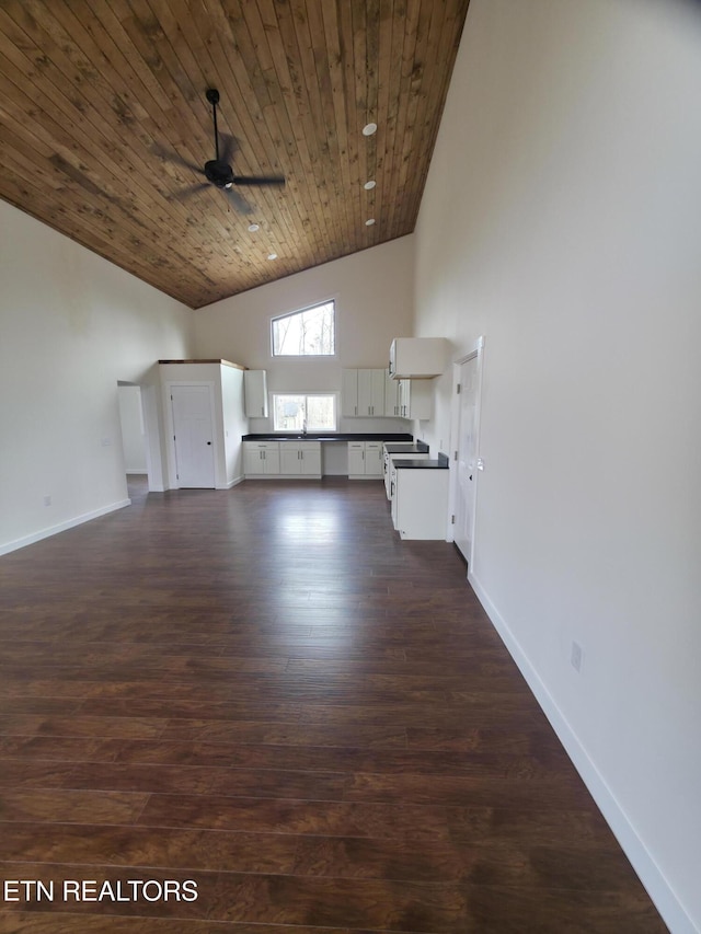 unfurnished living room with high vaulted ceiling, wooden ceiling, dark hardwood / wood-style floors, and ceiling fan