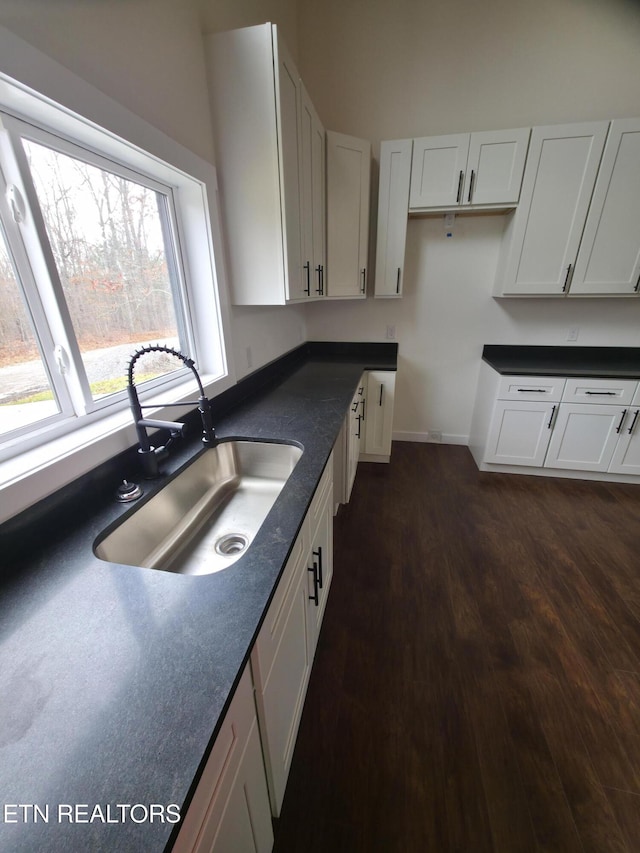 kitchen with dark hardwood / wood-style floors, sink, and white cabinets