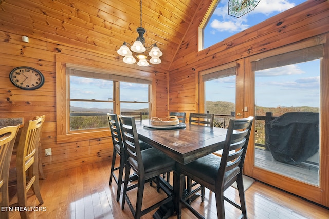 dining room with wood ceiling, a chandelier, high vaulted ceiling, light hardwood / wood-style flooring, and wooden walls