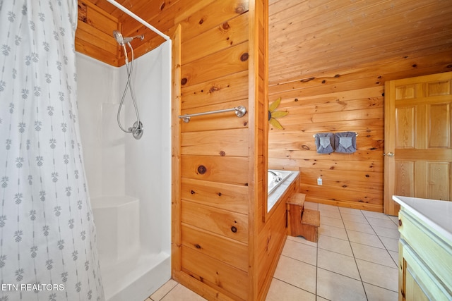 bathroom featuring wood walls, walk in shower, and tile patterned floors