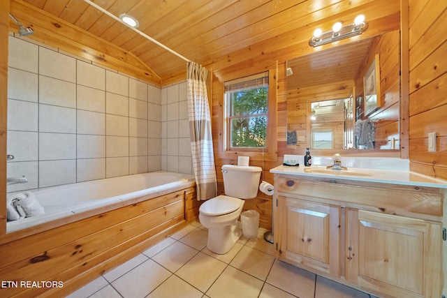 full bathroom with toilet, wood ceiling, shower / bath combination with curtain, and tile patterned floors