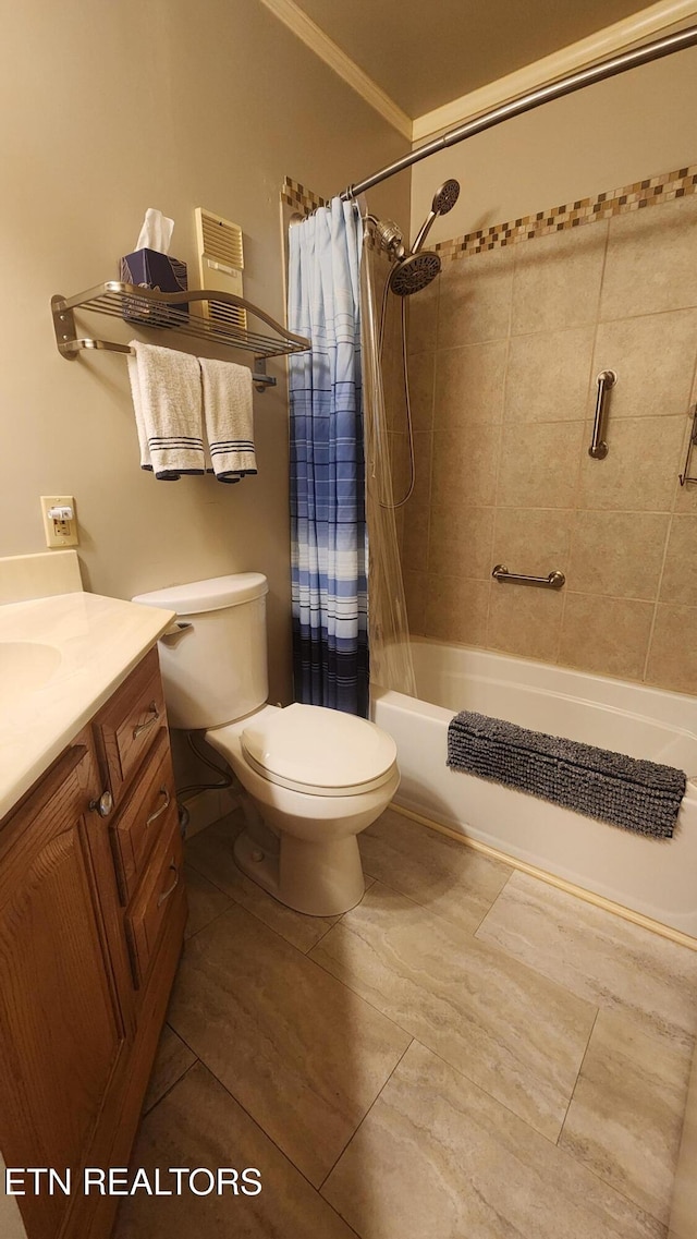 full bathroom with toilet, ornamental molding, shower / bath combo, vanity, and tile patterned flooring