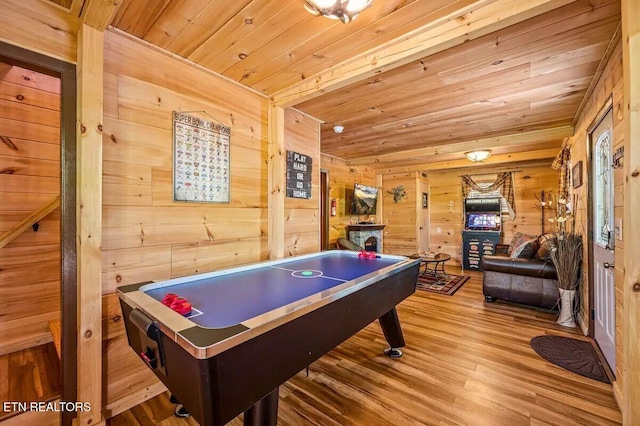 game room featuring wood-type flooring and wooden ceiling