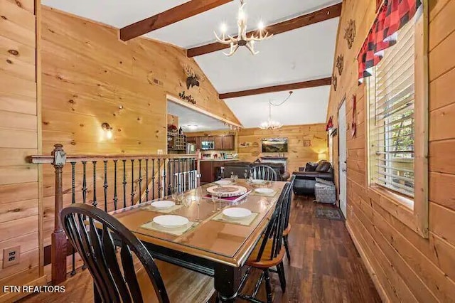 dining space featuring a notable chandelier, wood walls, dark wood-type flooring, and lofted ceiling with beams