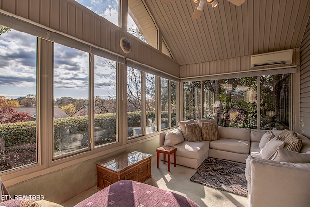 sunroom / solarium featuring ceiling fan, lofted ceiling, wood ceiling, and a wall mounted AC