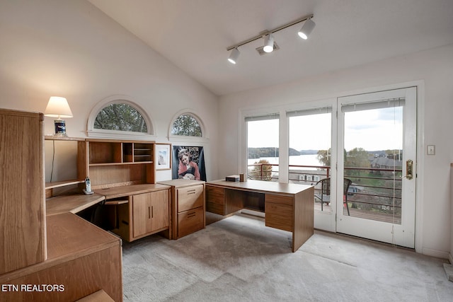 office space featuring lofted ceiling, light colored carpet, and rail lighting