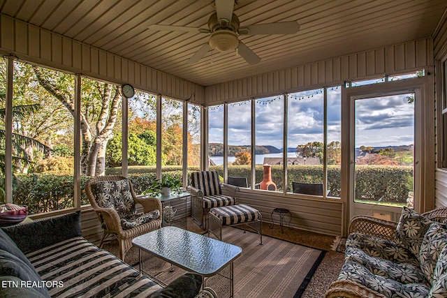 sunroom featuring a wealth of natural light, ceiling fan, and wood ceiling