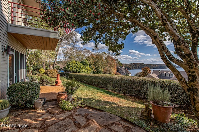 view of yard featuring a balcony and a mountain view