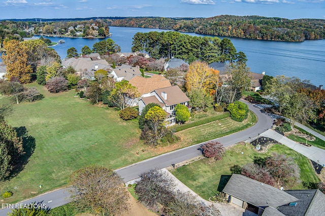 aerial view featuring a water view and a residential view