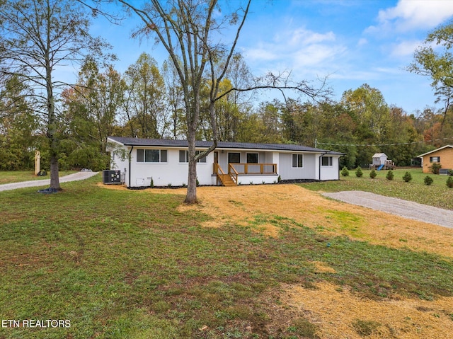 view of front of home featuring central AC and a front lawn