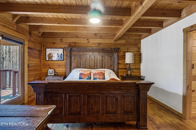 bedroom with hardwood / wood-style floors, wood walls, and wood ceiling