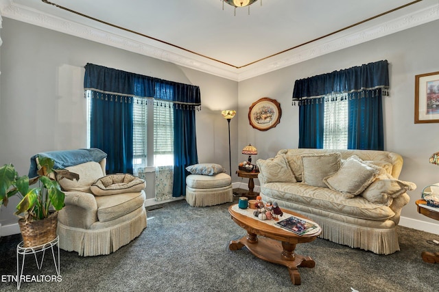 living room featuring carpet and crown molding