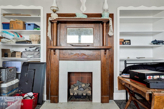 room details with a tile fireplace