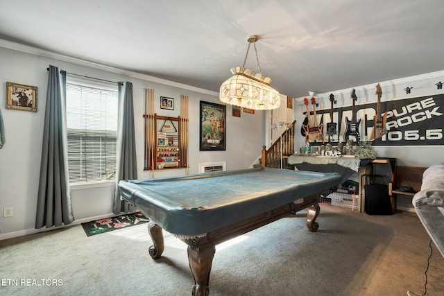 game room featuring crown molding, carpet, and pool table