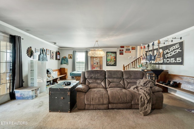 carpeted living room with crown molding