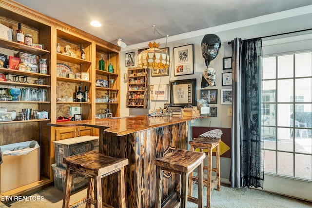 bar with crown molding and carpet