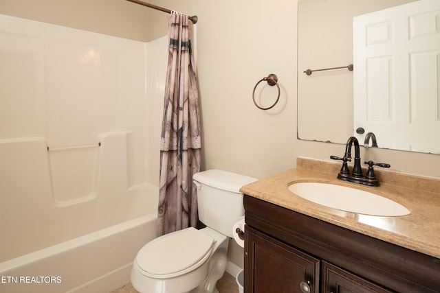 full bathroom with toilet, vanity, and shower / bathtub combination with curtain