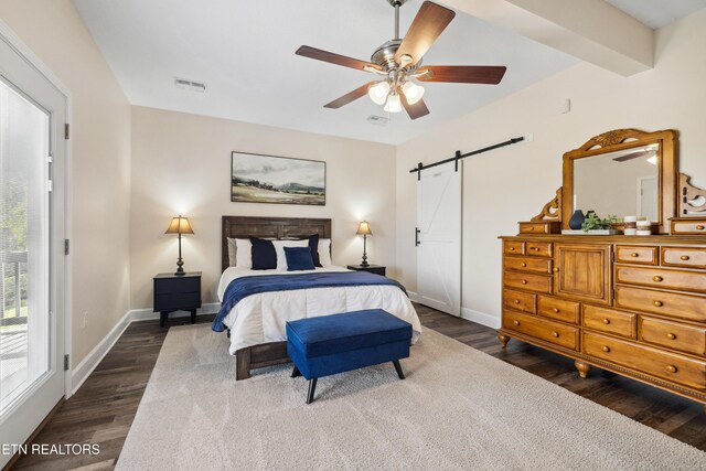 159 Garfield Ln, Sharps Chapel, TN 37866 - bedroom with a barn door, dark wood-type flooring, baseboards, a ceiling fan, and access to exterior