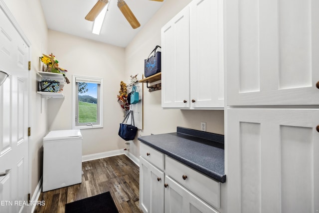 159 Garfield Ln, Sharps Chapel, TN 37866 - clothes washing area with baseboards, a ceiling fan, and dark wood-type flooring