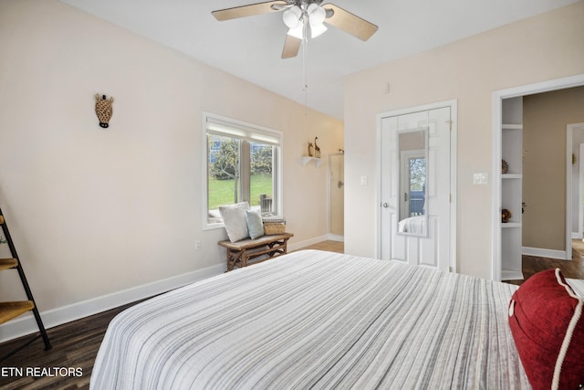 bedroom featuring dark hardwood / wood-style flooring and ceiling fan