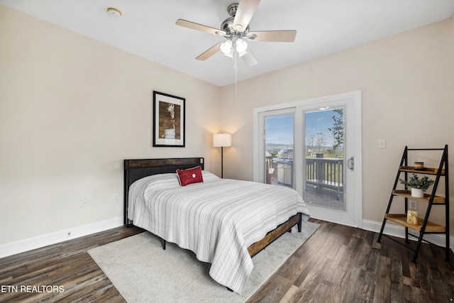 bedroom with dark wood-type flooring, ceiling fan, and access to outside