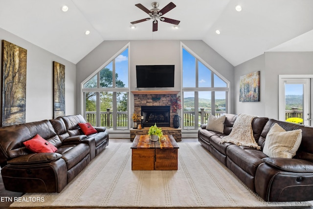 159 Garfield Ln, Sharps Chapel, TN 37866 - living room featuring a ceiling fan, a fireplace, healthy amount of natural light, recessed lighting, and high vaulted ceiling