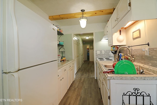 kitchen with white cabinetry, backsplash, decorative light fixtures, dark hardwood / wood-style flooring, and white appliances