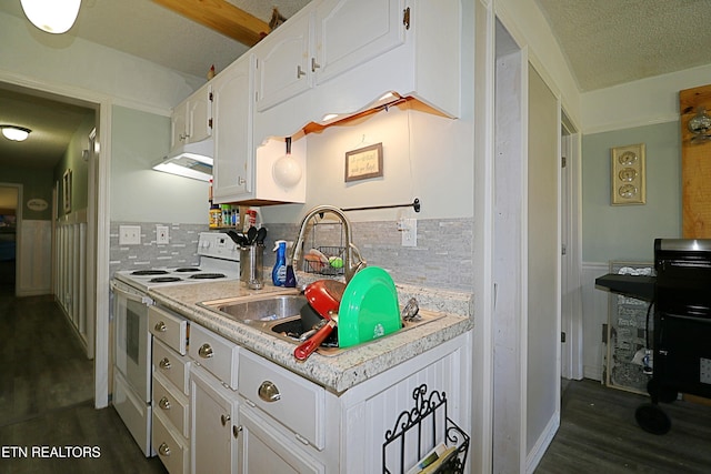 kitchen with white cabinetry, decorative backsplash, a textured ceiling, dark hardwood / wood-style flooring, and electric range