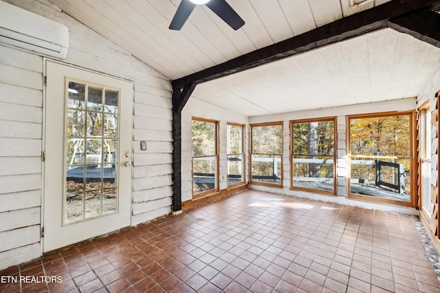 unfurnished sunroom featuring lofted ceiling with beams, a wall unit AC, ceiling fan, and wood ceiling