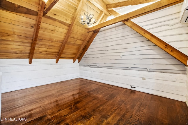 additional living space with hardwood / wood-style flooring, wooden walls, wood ceiling, and lofted ceiling with beams