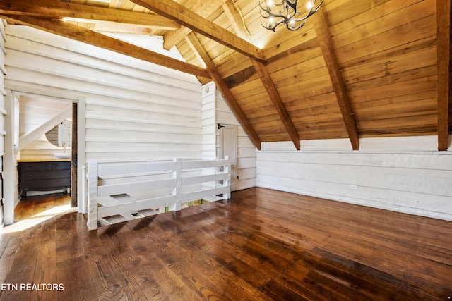 additional living space with dark hardwood / wood-style flooring, wood ceiling, a notable chandelier, wooden walls, and lofted ceiling with beams