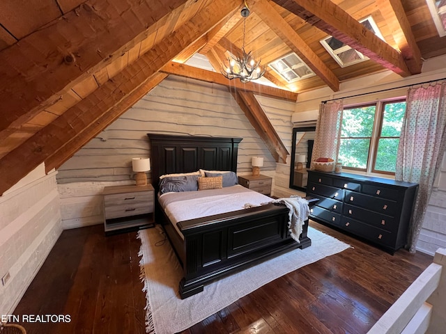 bedroom featuring lofted ceiling with beams, a notable chandelier, dark hardwood / wood-style flooring, wooden walls, and wood ceiling