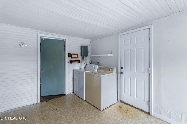 washroom featuring electric panel and washing machine and clothes dryer