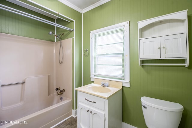 full bathroom with vanity, toilet, shower / bathing tub combination, and ornamental molding